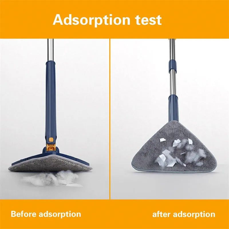 Blue extendable triangle cleaning mop with 360-degree rotating head and microfiber cloth