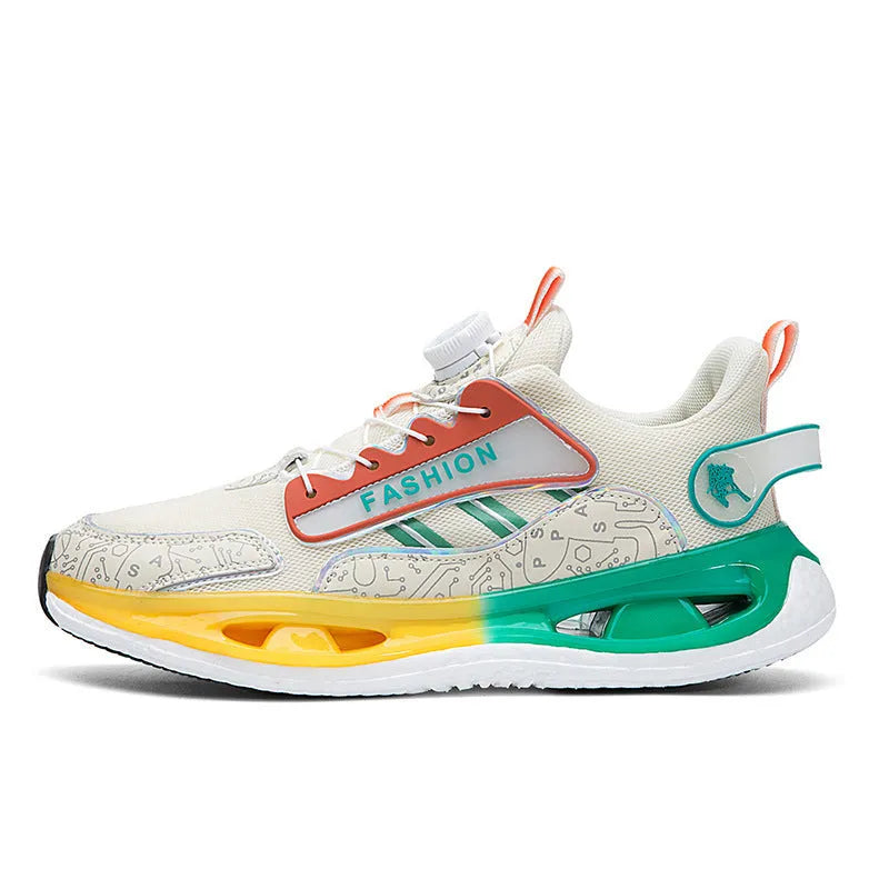 Men's low-top mesh sports shoes in beige orange with elastic band and popcorn TPU sole.