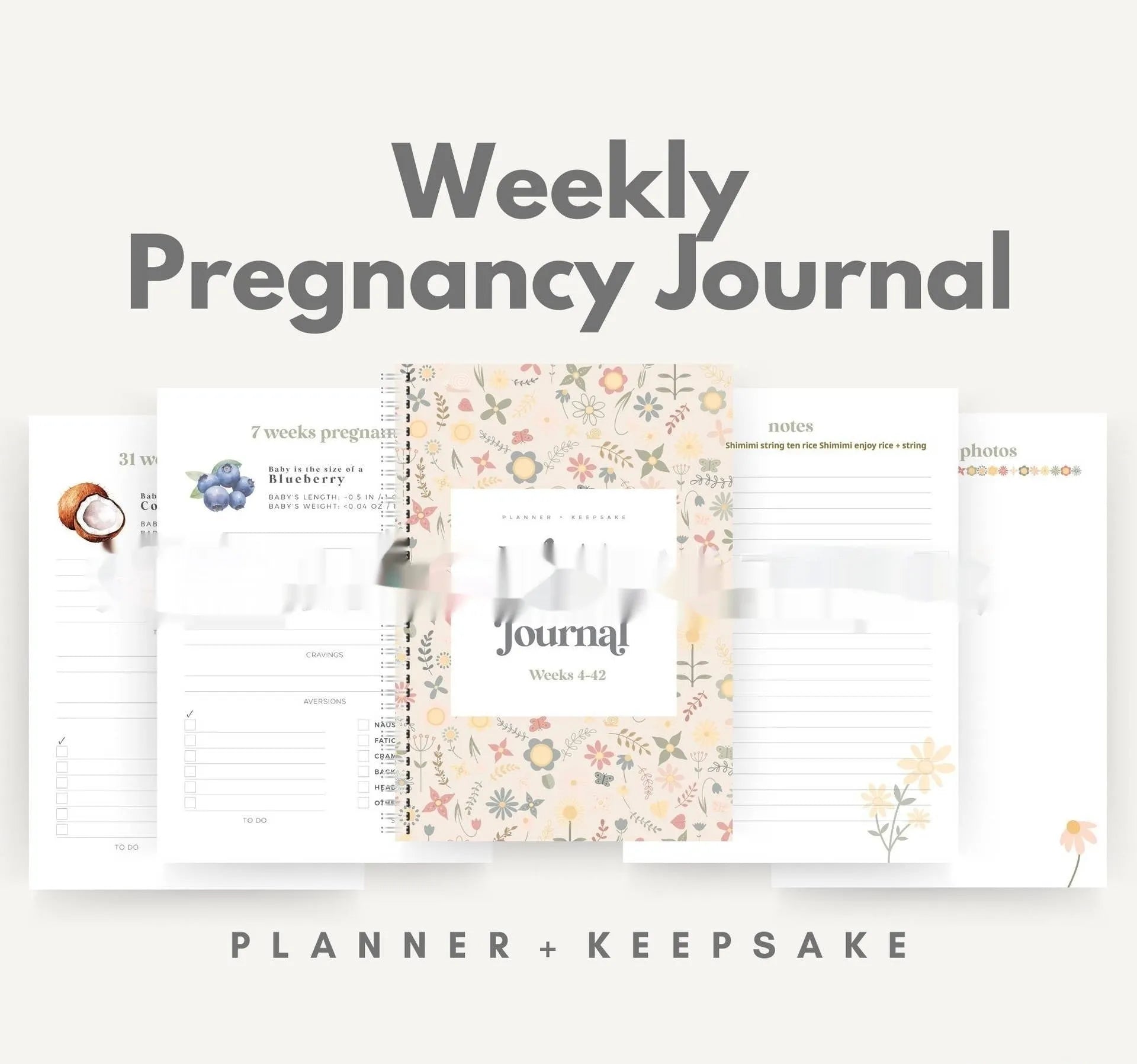 A5 weekly pregnancy diary notebook open to weekly tracking pages