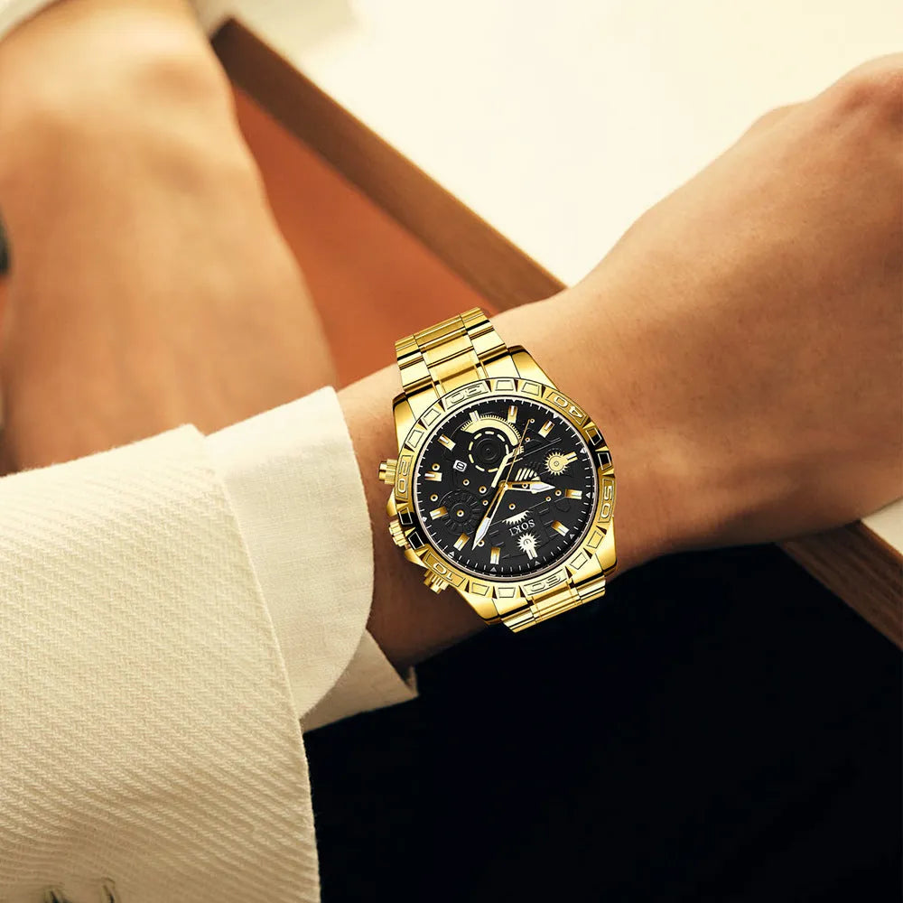Men's gold stainless steel business quartz watch with calendar display on dial