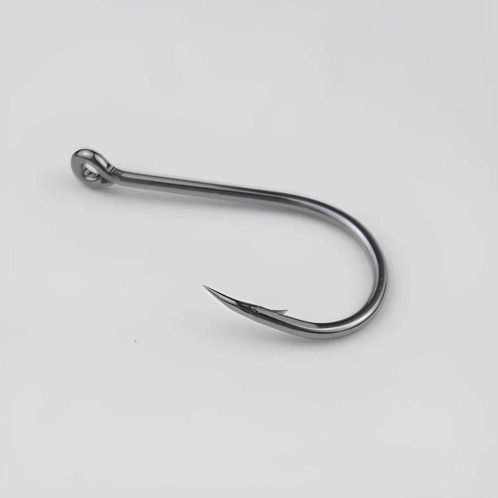 Bulk pack of barbed alloy carbon steel fishing hooks for rock and sea fishing in various sizes.