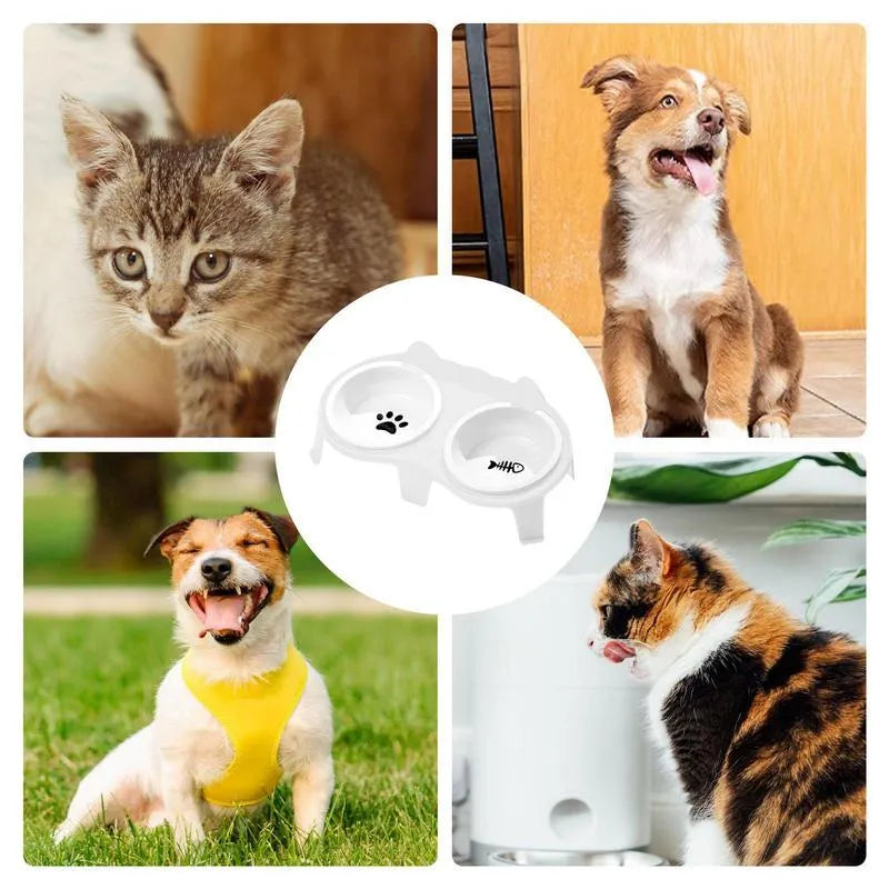 Ceramic cat bowl set on ABS stand with hook, in blue, pink, white or yellow