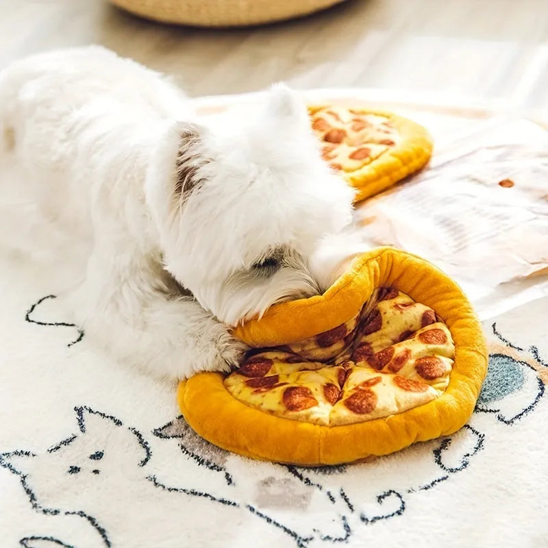 Yellow teddy pizza dog chewing toy with bone shape and squeaker
