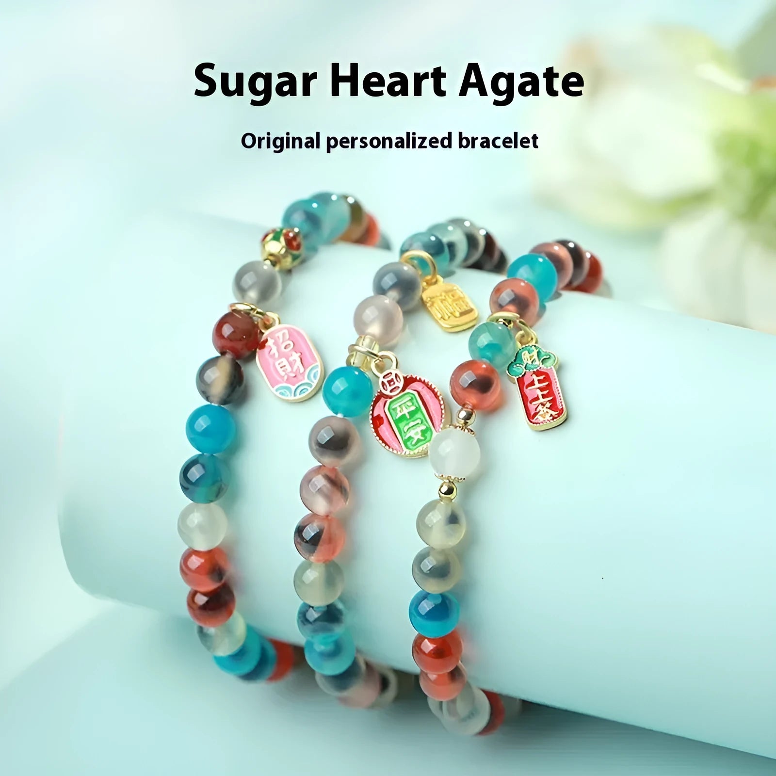 Women's natural agate bracelet with colourful sugar heart glaze and copper coin snake design in geometric style