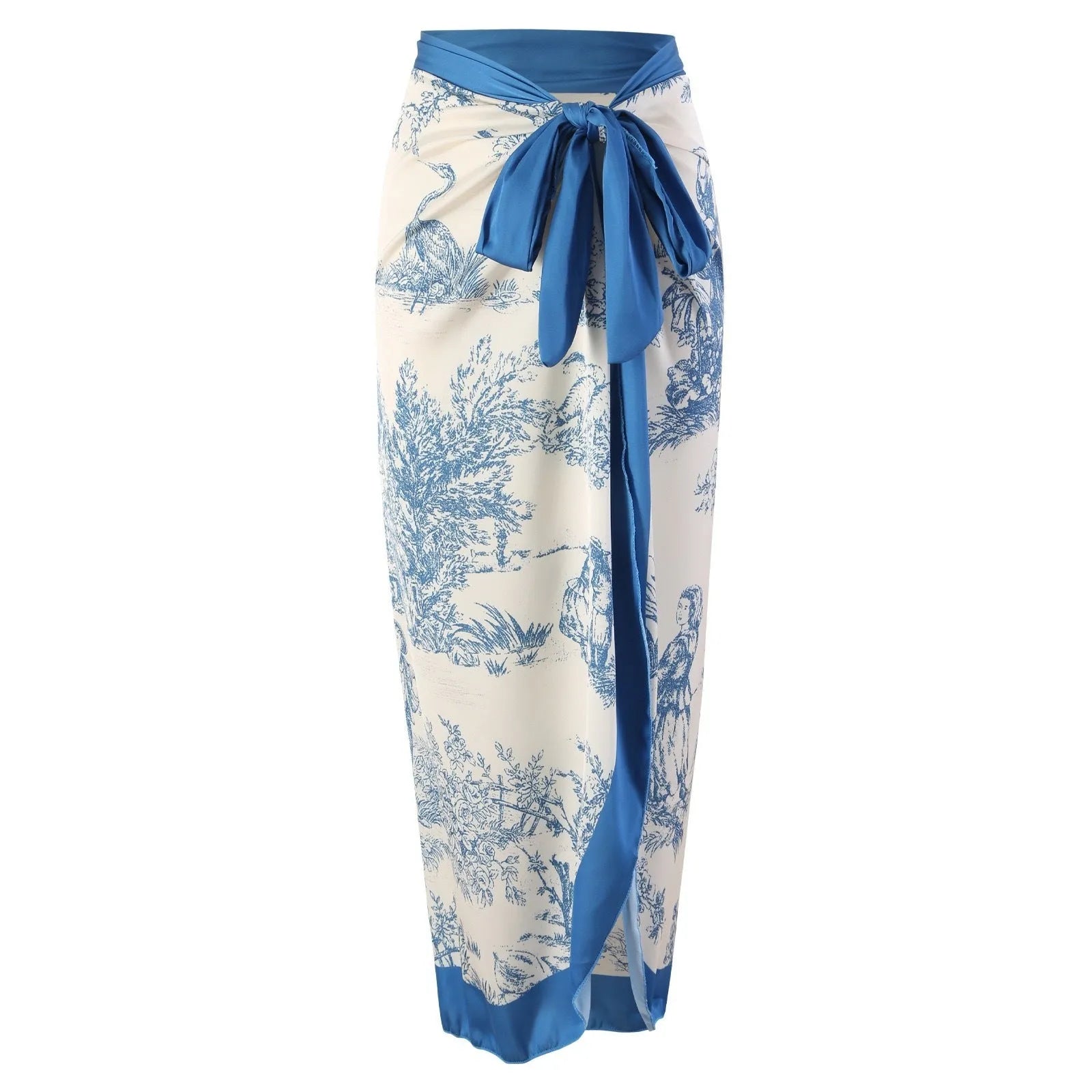 Blue women's one-piece swimsuit with a separate matching gauze skirt laid flat.