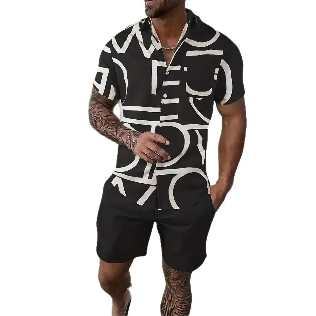 Men's 3D printed Hawaiian style short sleeve lounge suit with matching shorts on a mannequin