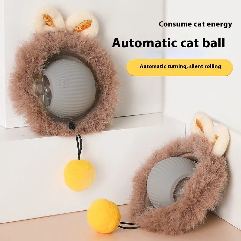 Silicone rolling ball cat toy in red, green, and grey plush cat ball colours