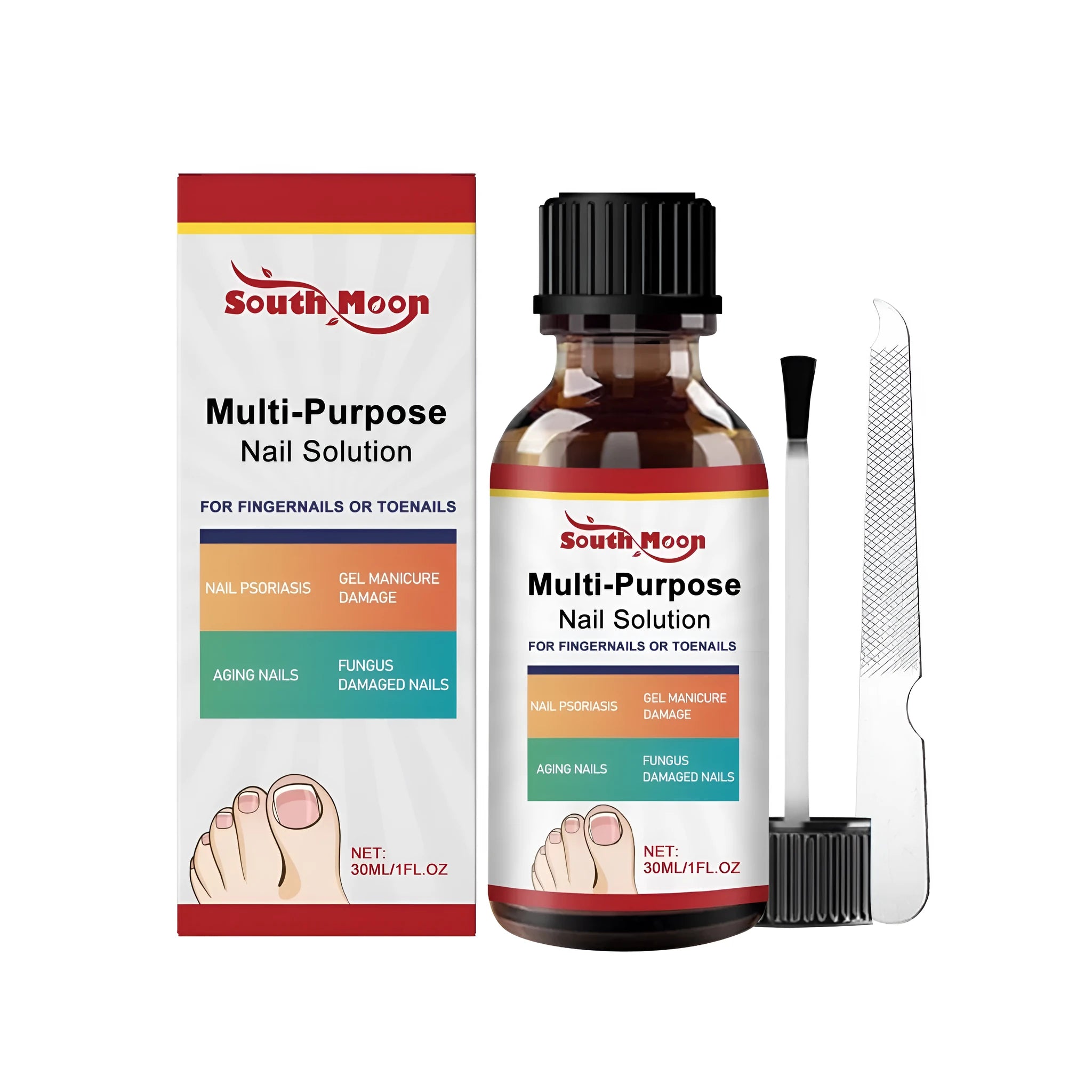 30ml nail care solution bottle with tea tree oil and white willow bark ingredients alongside included nail file