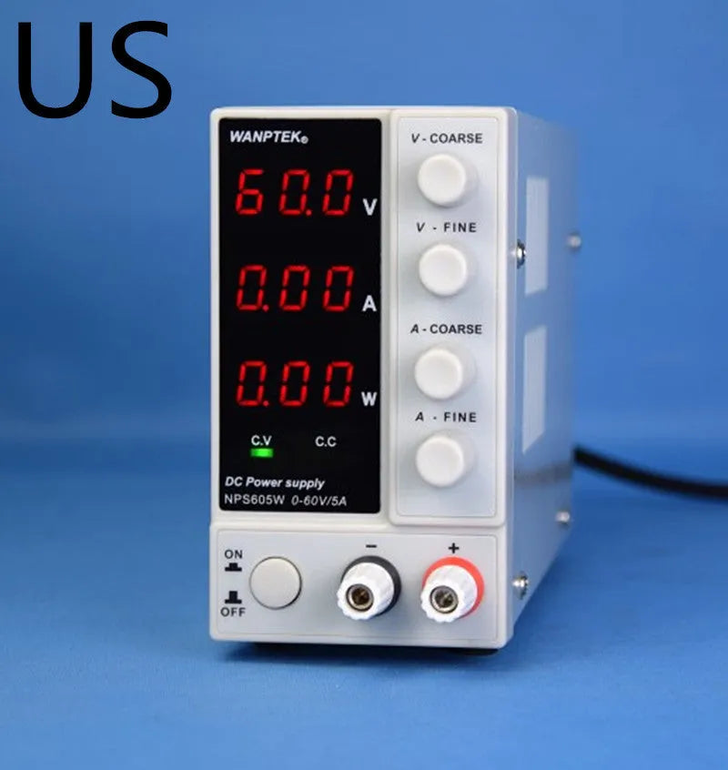 White adjustable DC power supply with voltage and current controls for electronics repair