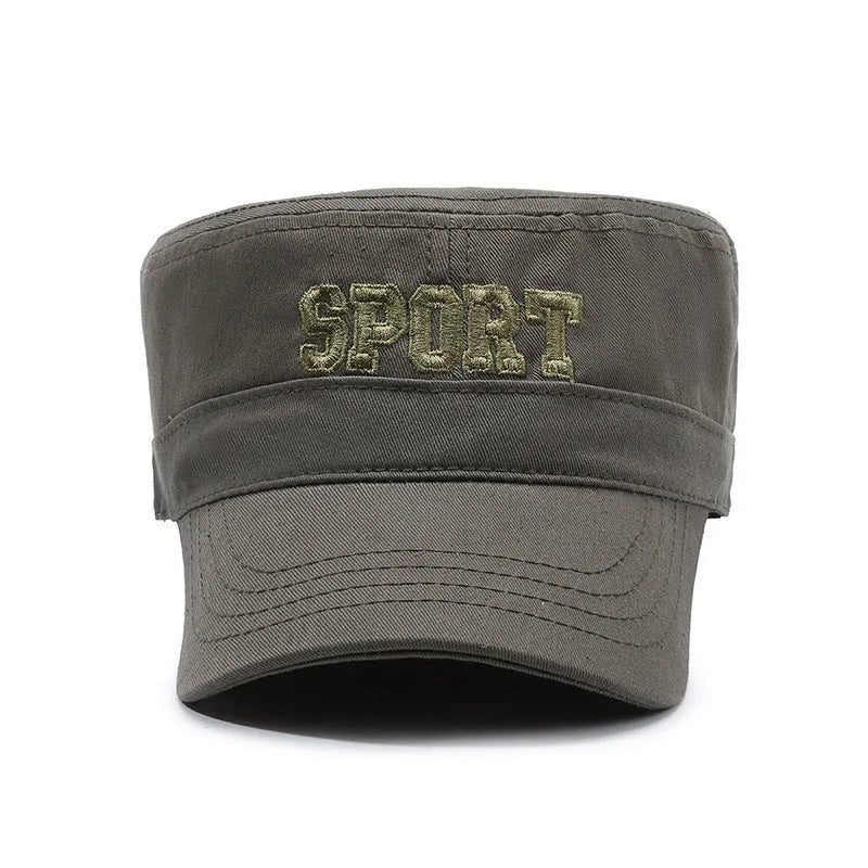 Men's cotton flat-top peaked cap with English letters in army green colour