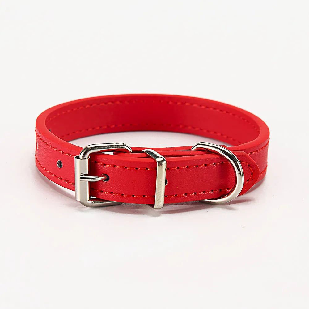 PU dog collar in S 1.0*30 and M 1.5*30 sizes, shown in Coffee, Sky blue, gold, green, and red colour options.
