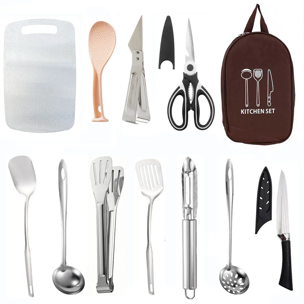 12-piece stainless steel portable kitchenware set with storage bag in khaki, green or brown colours