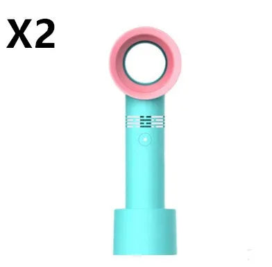 Compact portable bladeless fan in chosen colour on its base, with USB cable for charging.