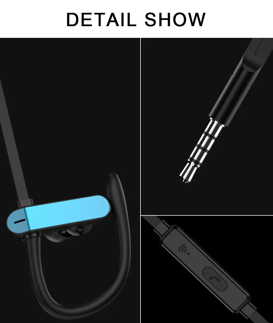 PTM TS27 sport ear hooks with microphone in black and blue, showing flexible over-ear design and silicone earbud covers.