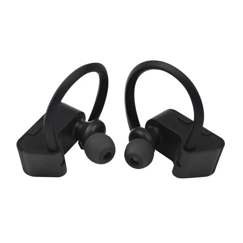 Black wireless Bluetooth V5.0 headphones with ergonomic earpieces and a charging case.