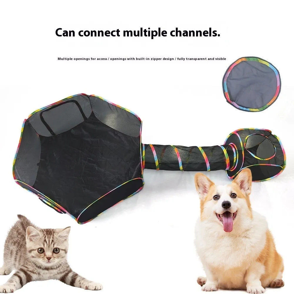 Foldable mesh cat cage showing multiple shape configurations