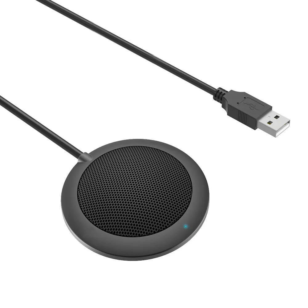 Black USB omnidirectional conference microphone with zinc alloy construction and metal mesh cover