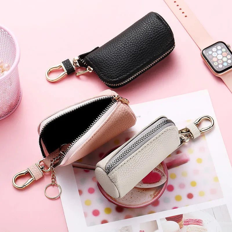 Black grey pink PU leather zipper key case wallet for men on a key ring