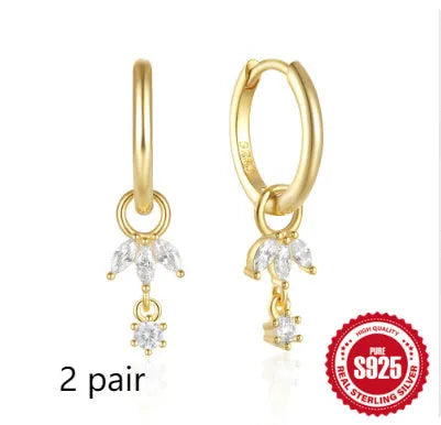 Geometric sunflower design earrings in 925 Sterling Silver with golden three diamonds colour and inlaid zircon stones