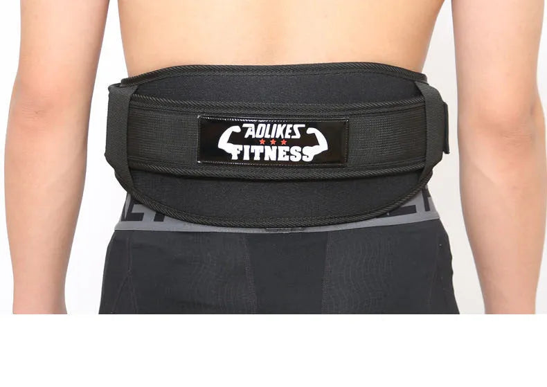 Nylon fitness weightlifting waistband in black, red, and yellow colours showing adjustable design