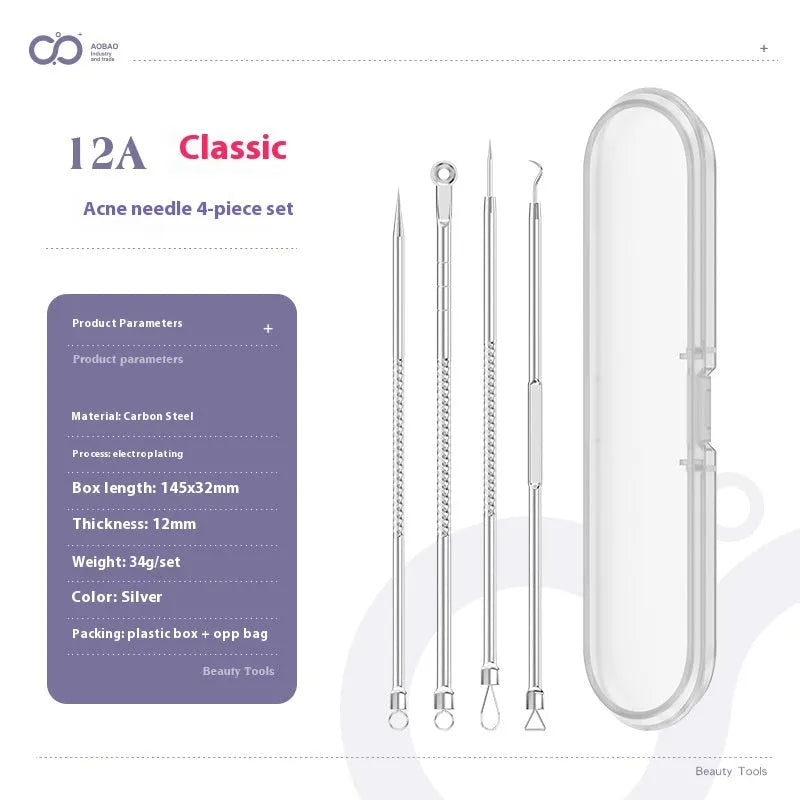 Four metal acne needles with ultra fine points stored in a black plastic clip.