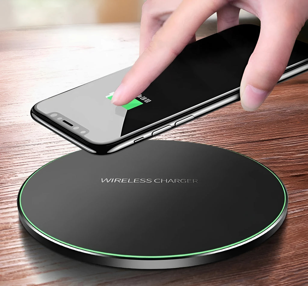 Black square ultra-thin wireless fast charging pad with 9V Qi support.