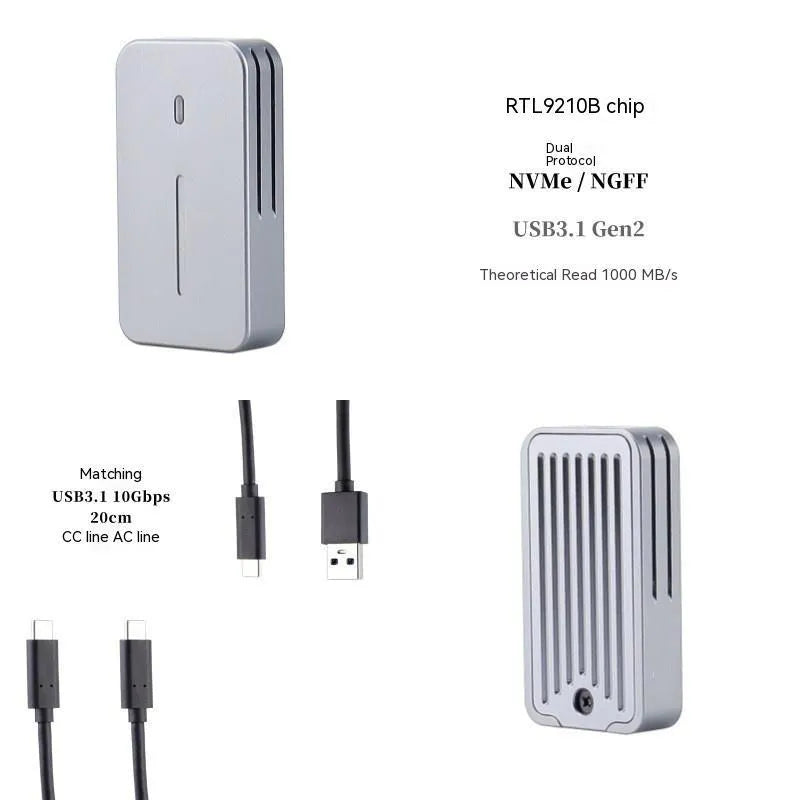Aluminium alloy NVMe SSD enclosure with dual protocol support measuring 5.2cm by 2.8cm
