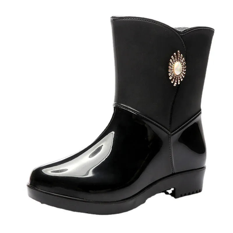 Women's middle tube PVC rain boots in purple, black or beige with non-slip soles