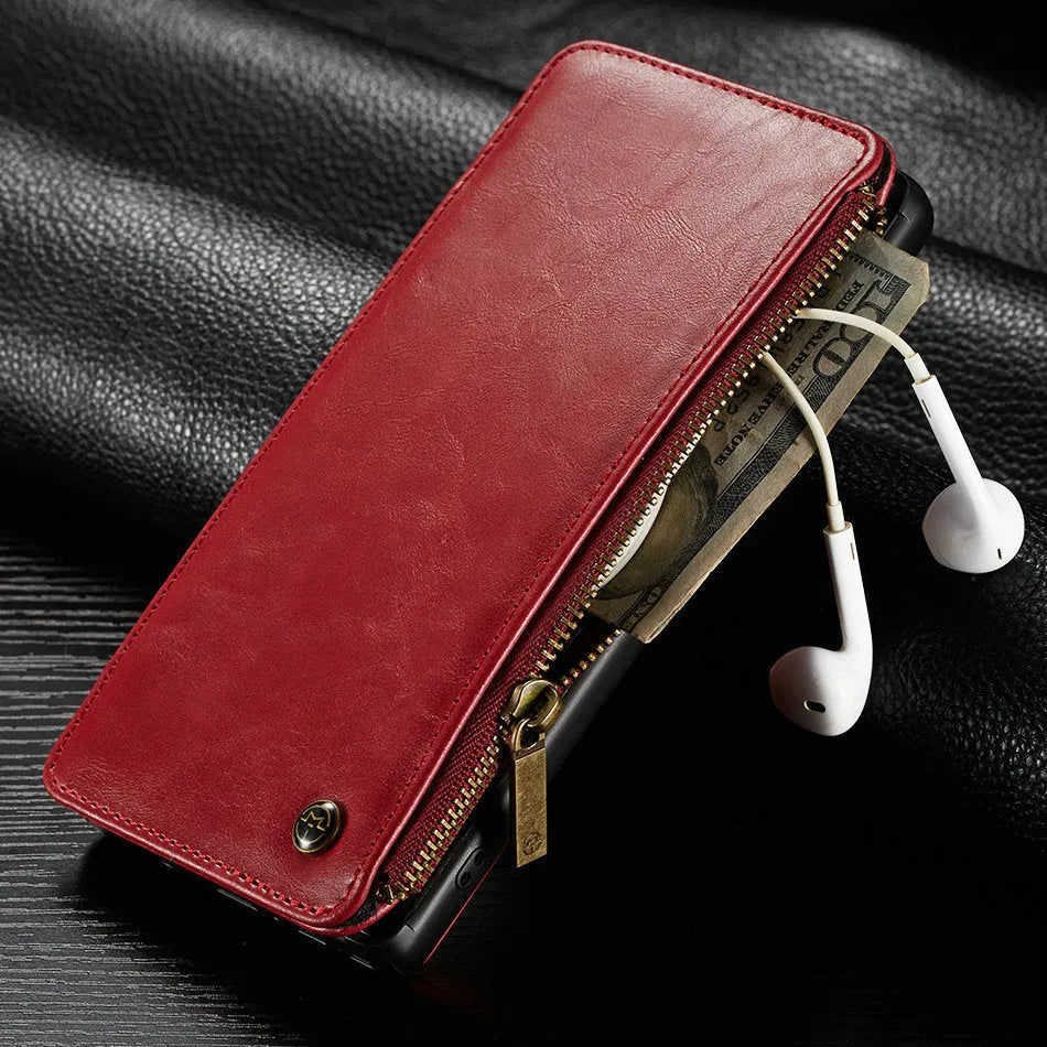 Black PU leather flip phone case open to show Samsung Note9, demonstrating front and back protection.