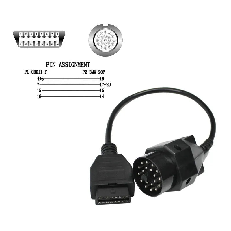 OBD2 BMW diagnostic adapter cable converting 20-pin to 16-pin connector