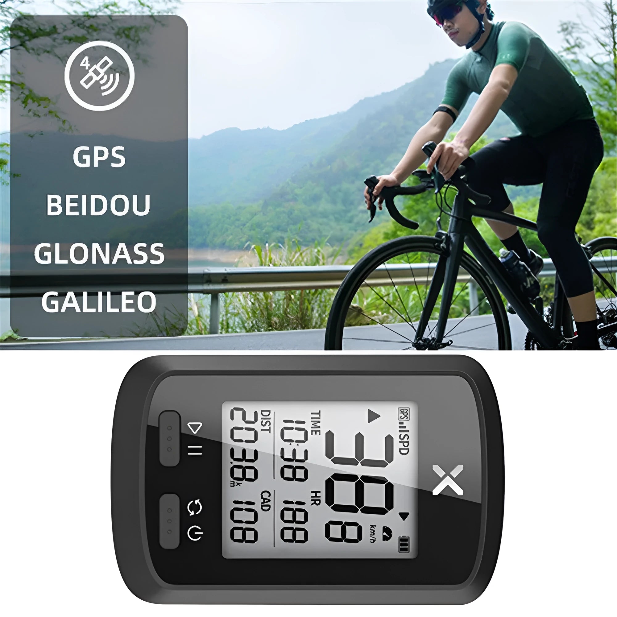 Black plastic waterproof bicycle stopwatch mounted on handlebars with digital display showing timing