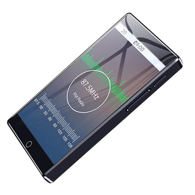 Black Ruizu H1 slim MP3 MP4 player with 4-inch touchscreen showing music library interface