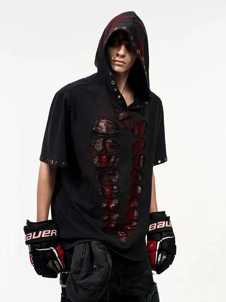 Black men's hooded short-sleeve T-shirt with sequin design, loose fit