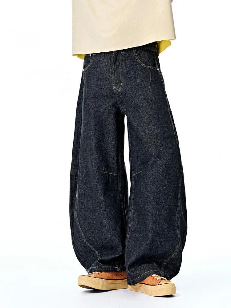 Men's wide leg denim trousers in original cow colour with mid waist design