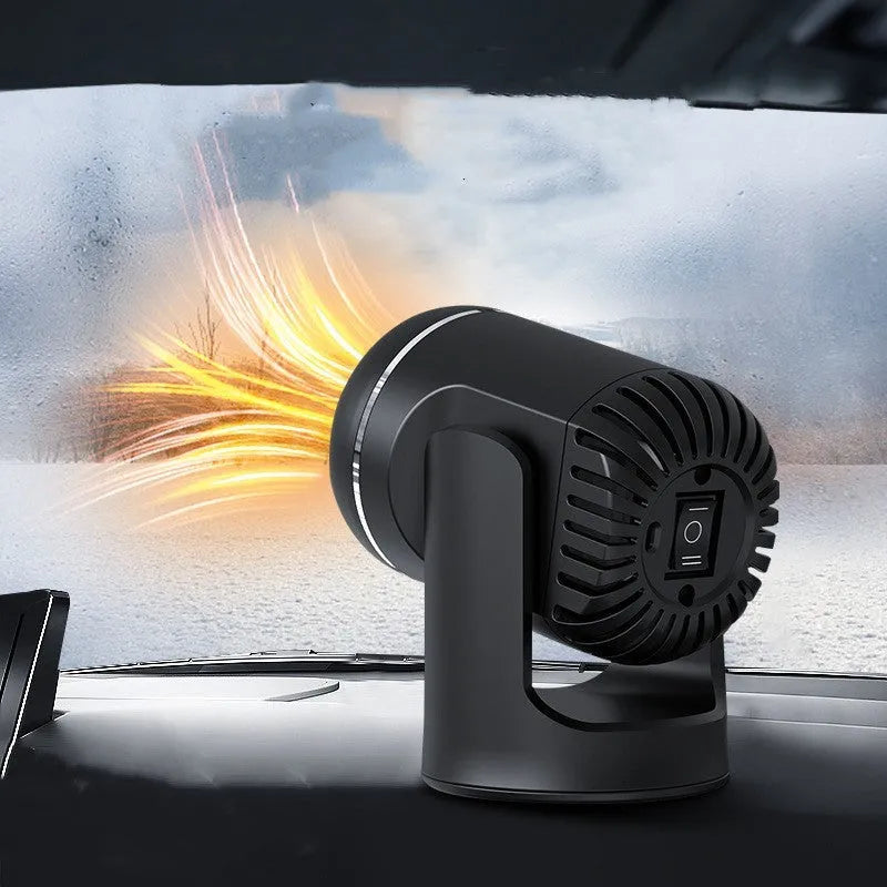 Black and white 12V portable car heater with defrosting and cooling functions, showing dimensions.