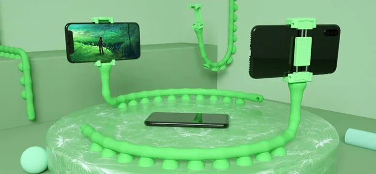 Black flexible lazy bracket phone holder extended to 62cm with suction cup mount showing 360° rotation mechanism