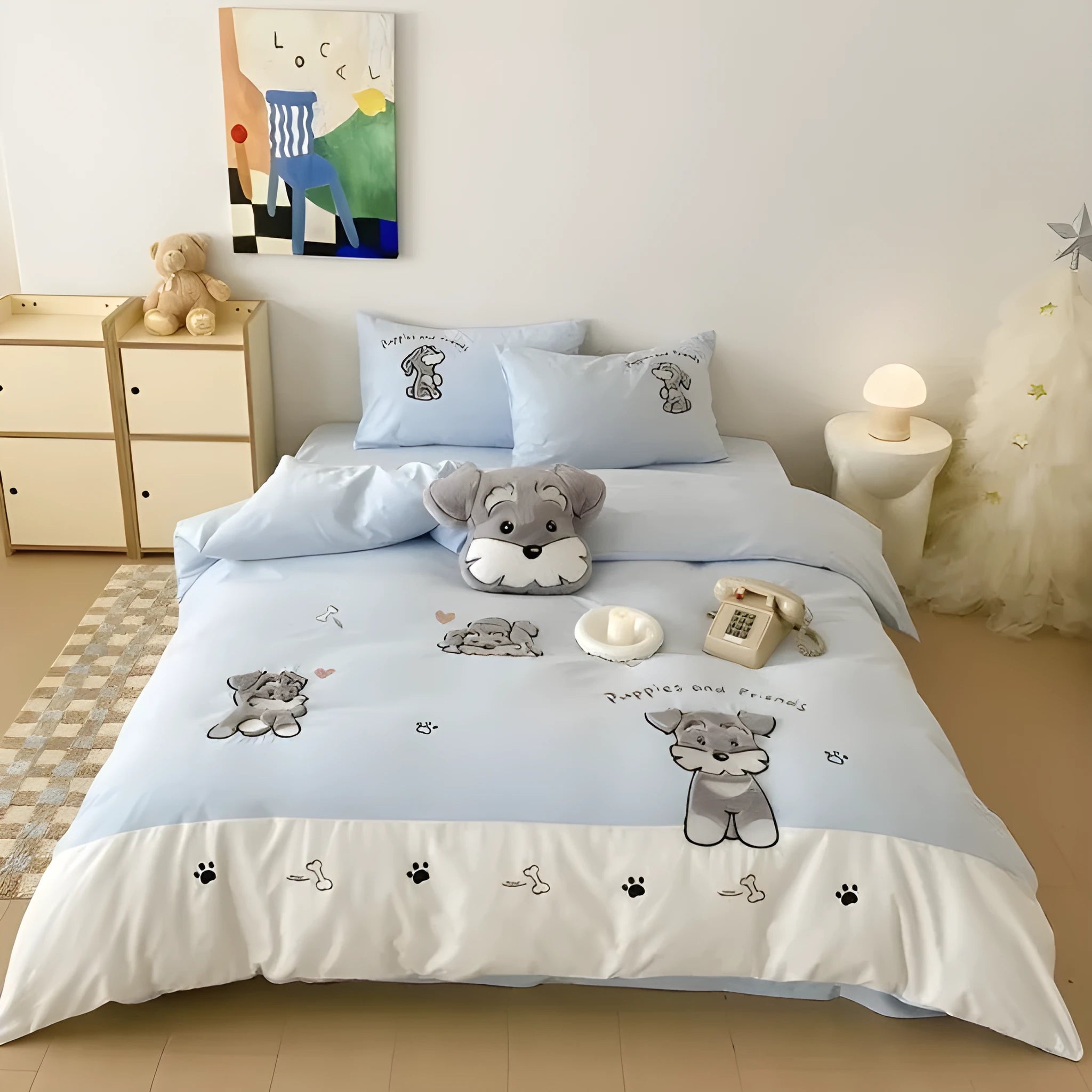 Schnauzer cartoon embroidered cotton bedding set with quilt cover, sheet, and pillowcases on bed