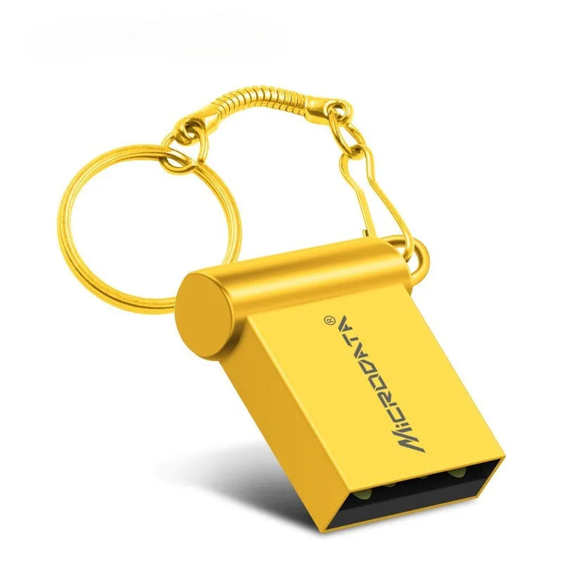 Silver metal USB flash drive on a keyring chain against a dark background