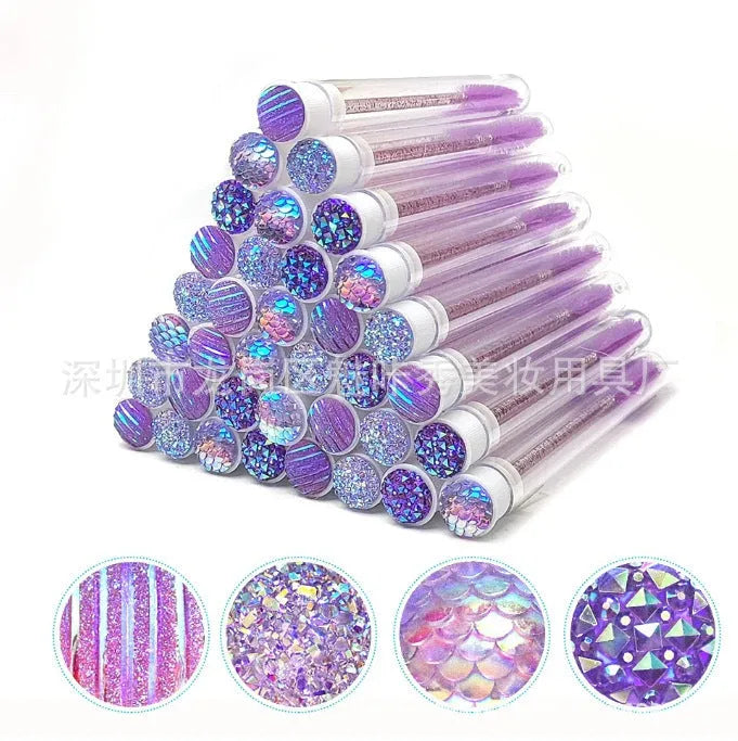 Set of coloured disposable eyelash mascara brushes inside clear plastic protective tubes.