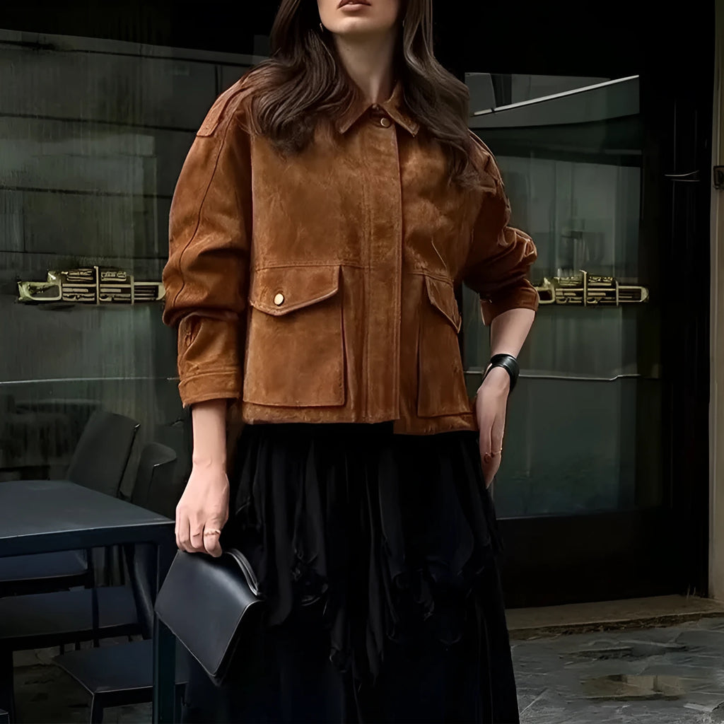 Women's brown polyester suede coat with regular sleeves in street chic style