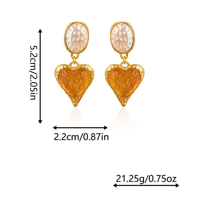 Four pairs of oval love heart stud earrings with silver needle pleated detailing in purple, red, green, and yellow-white colours
