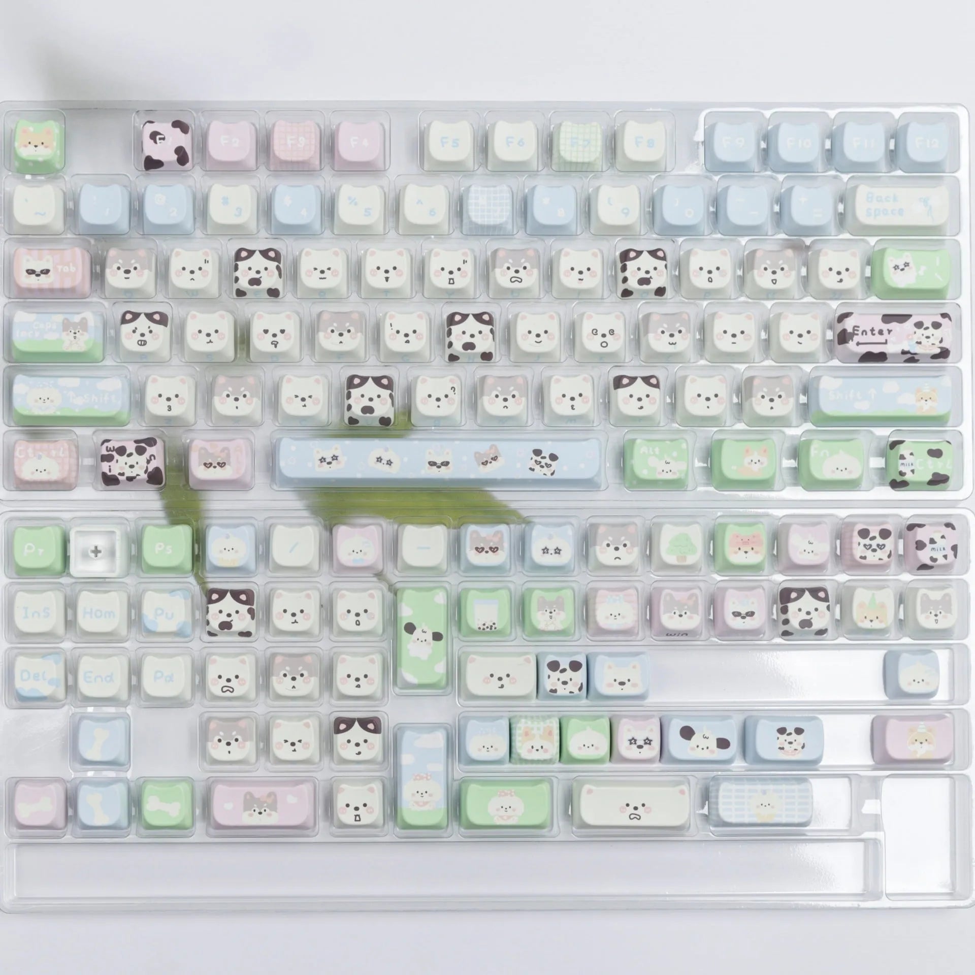 Full set of colourful PBT key caps for mechanical keyboards featuring cute puppy designs.