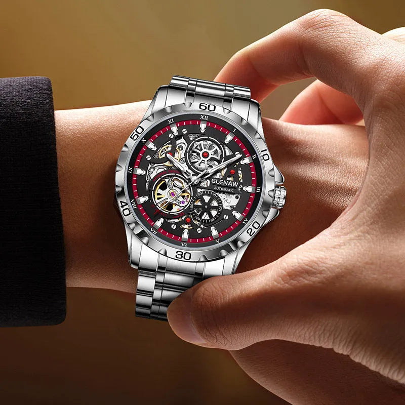 Silver double-sided hollow-out automatic mechanical men's watch with luminous dial and stainless steel strap