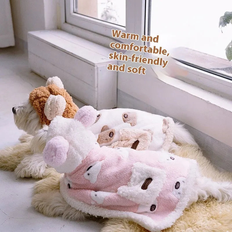 Coral fleece dog cloak robe in brown or pink, bear cloak style, sizes S M L for 1.5kg to 10kg dogs