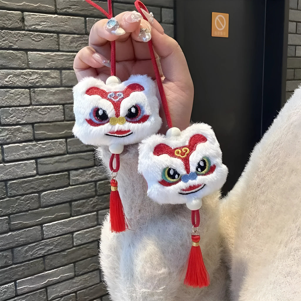 Chinese style blue plush lion keychain ornament with star stone decorations and tassel