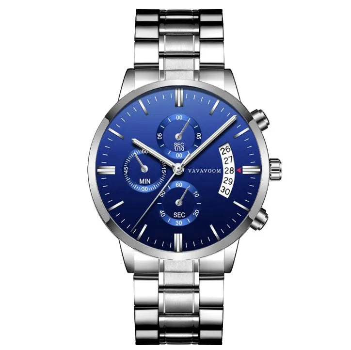 VA VA VOOM men's stainless steel watch with black dial and silver chain, showing round 43mm case and butterfly buckle.