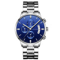 VA VA VOOM men's stainless steel watch with black dial and silver chain, showing round 43mm case and butterfly buckle.