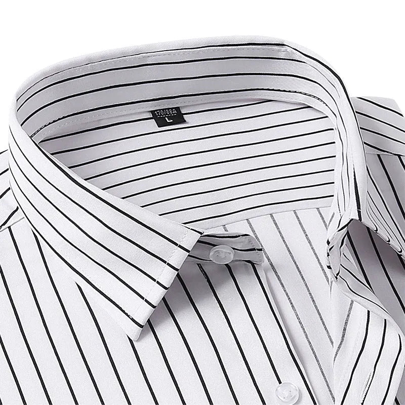 Men's striped business shirt in slim fit cardigan style with long sleeves and ice silk polyester blend fabric