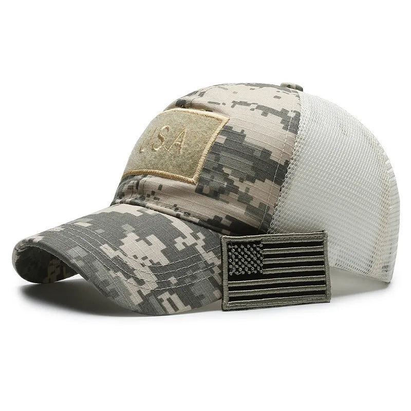 Adjustable Velcro outdoor baseball hat in tactical camouflage pattern with dome crown
