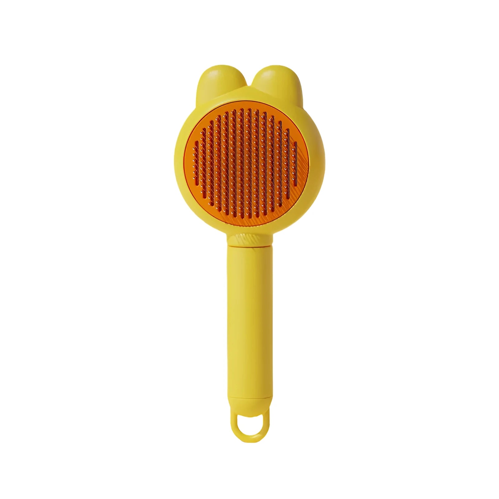 Self-cleaning pet grooming brush with coloured handle and stainless steel comb teeth with rubber tips